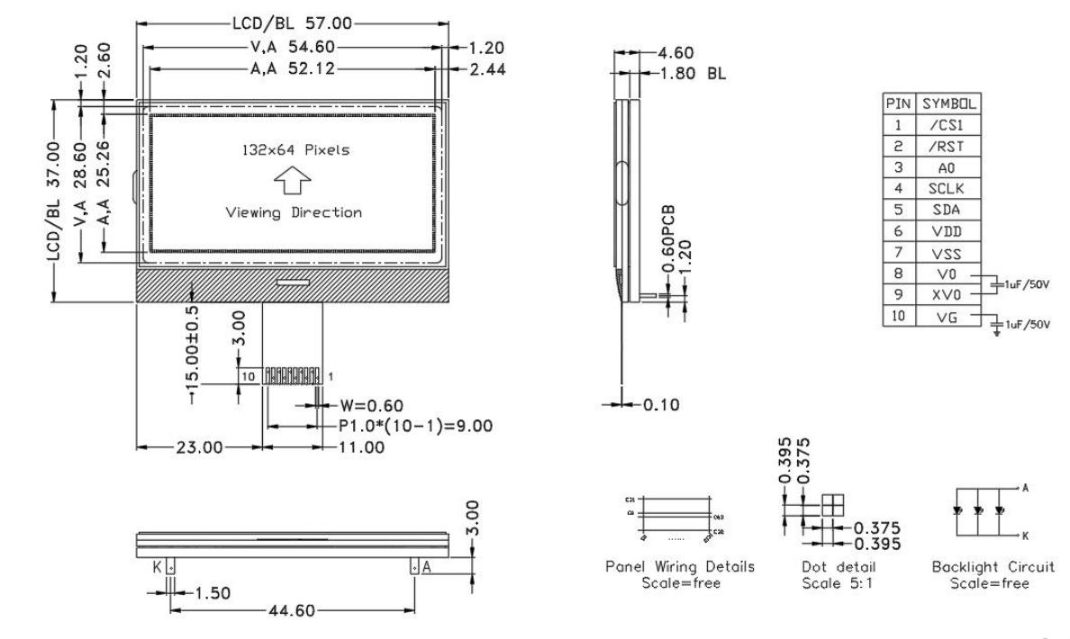 High-Contrast 132x64 Dot Matrix COG LCD STN Transmissive Graphic Display with ST7567 Controller